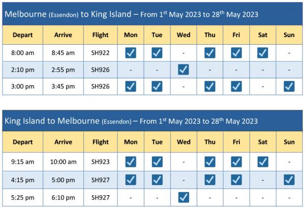 Melbourne King Island schedule From 1 May 23 to 28 May 23