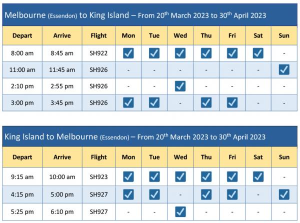 Melbourne King Island schedule From 20 March 23 to 30 April 23 2