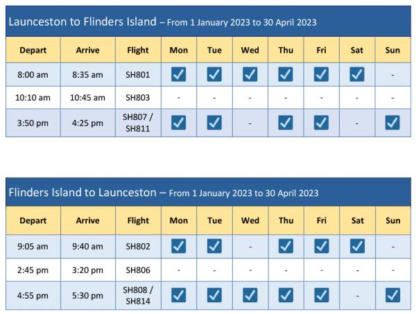 Launceston Flinders Island schedule 1 Jan 23 to 30 Apr 2023