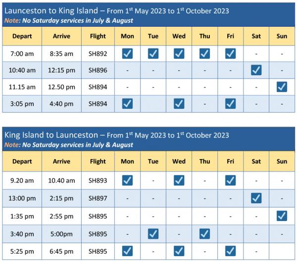Launceston King Island schedule From 2 May to 2 Oct 25