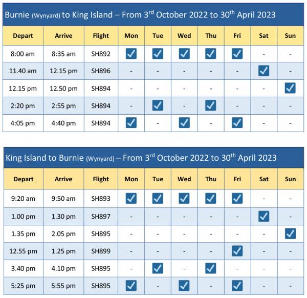 Burnie King Island schedule From 3 Oct 22 to 30 Apr 24