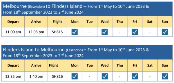 Melbourne Flinders Island schedule 1 May to 10 June 23 and 18 Sep 23 to 2 Jun 24
