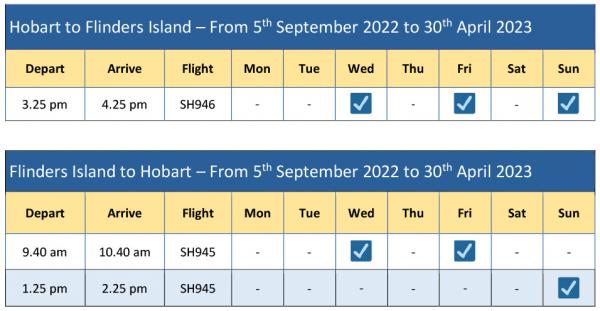 Hobart King Island Flinders Island Schedule From 5 Sept 2022 to 30 April 2023 2