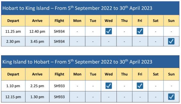 Hobart King Island Flinders Island Schedule From 5 Sept 2022 to 30 April 2023 1