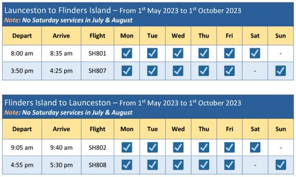 Launceston Flinders Island schedule 1 May 23 to 1 Oct 23