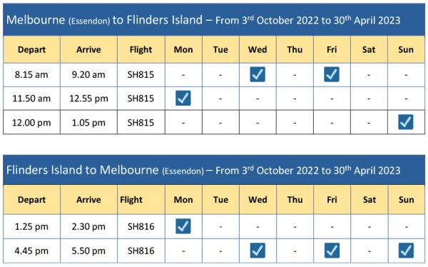 Melbourne Flinders Island schedule 3 Oct 22 to 30 Apr 23